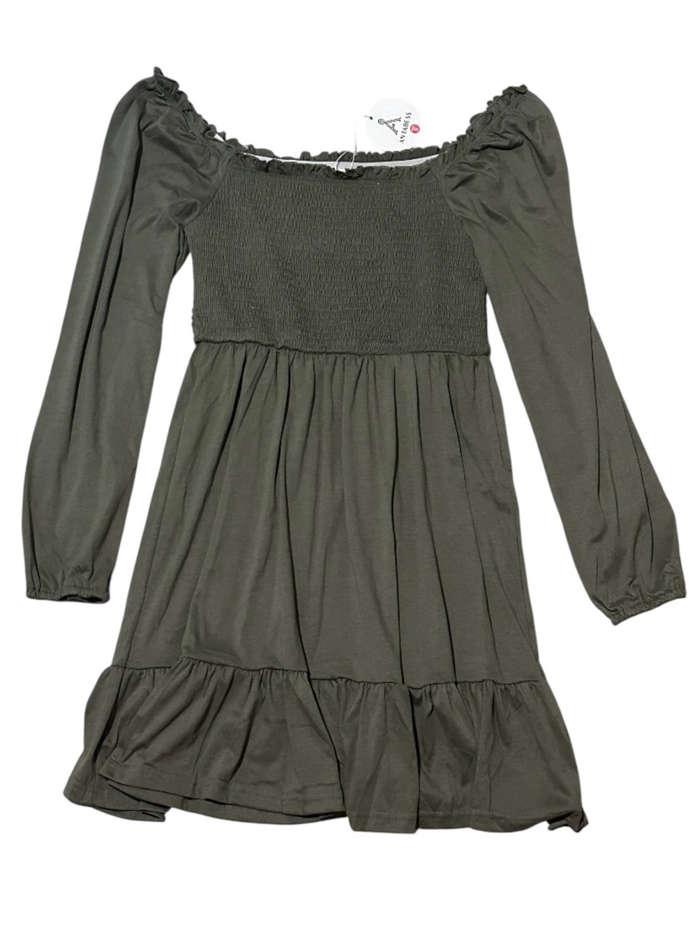 Smocked Olive Green Long Sleeve Ruffle-Hem Casual Dress